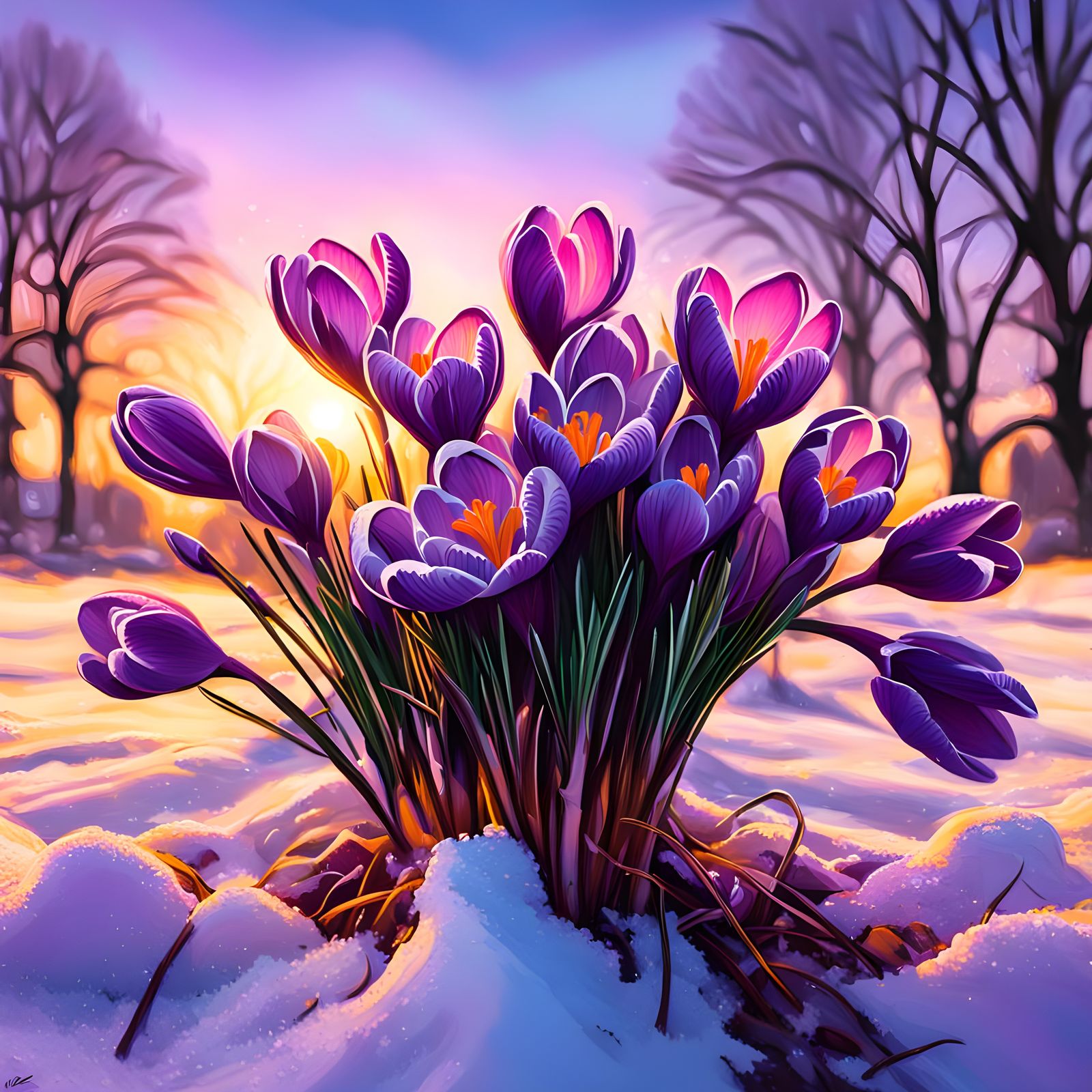 Mauve Crocus Cluster in Snow, Graffiti Art
