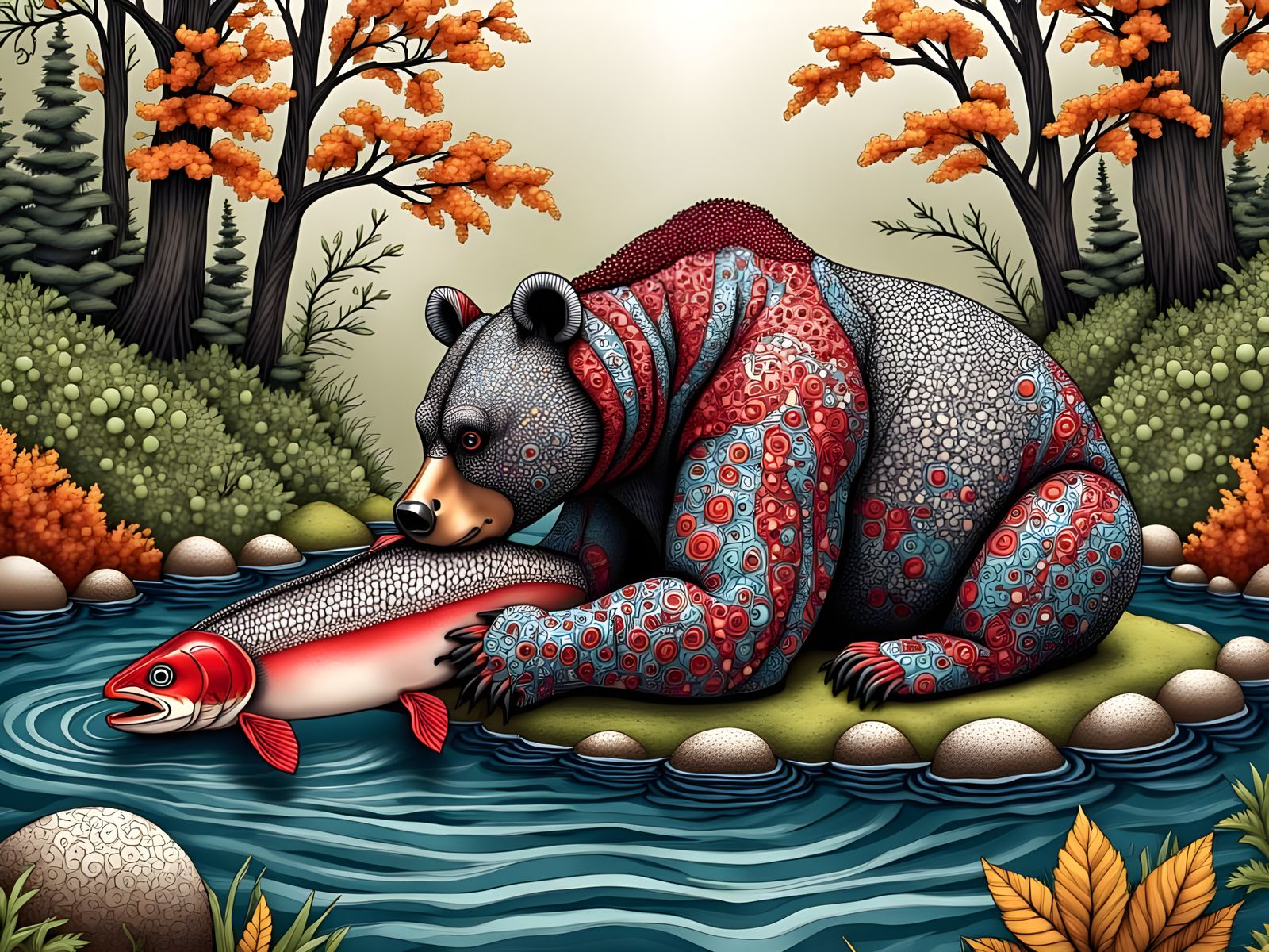 Zentangle Bear Devours Salmon by Lake