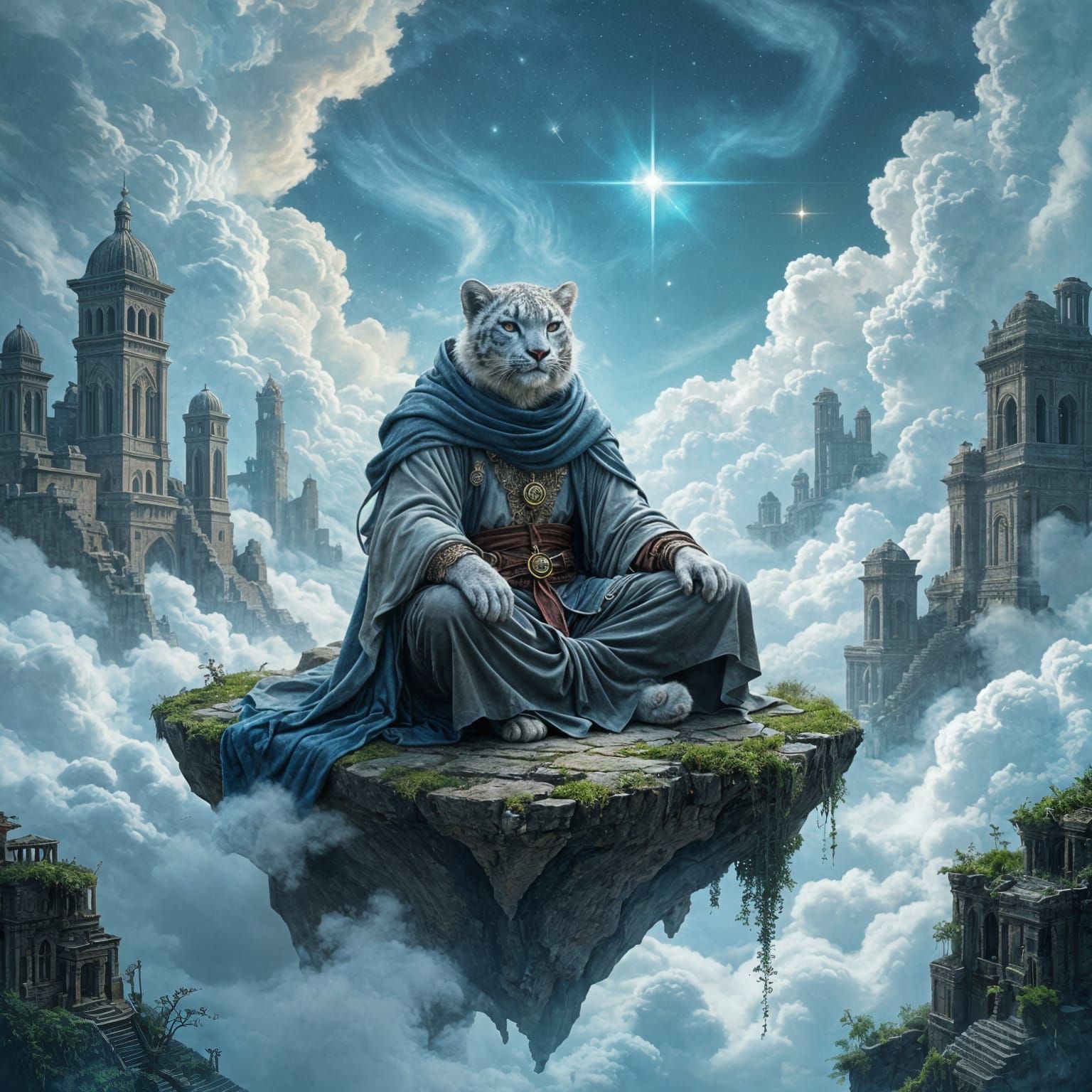 Snow Leopard Philosopher in Ethereal Fantasy Realm