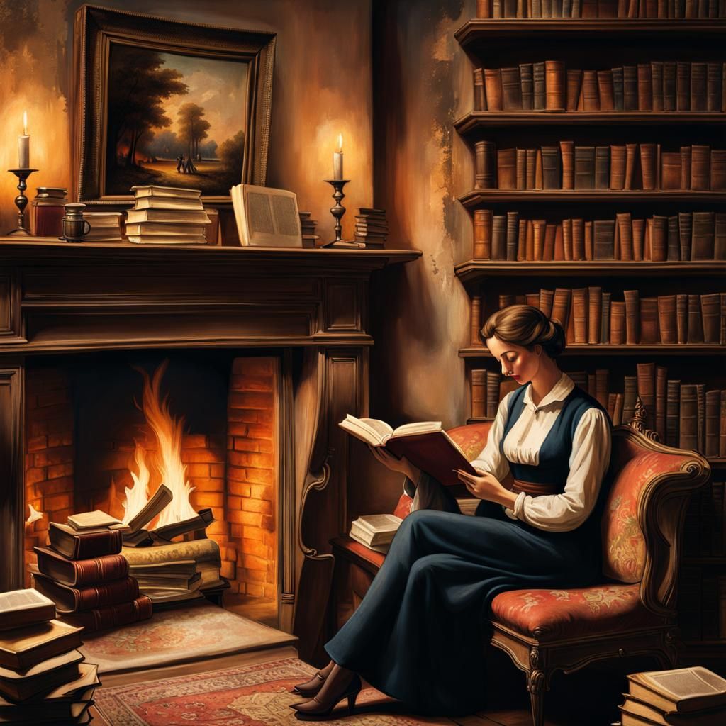 Nostalgic Painting of Couple Reading by Fireplace
