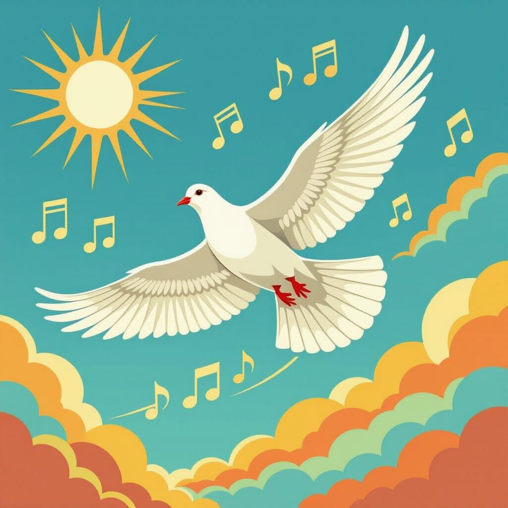 White Dove Soars in Sunny Sky with Musical Notes