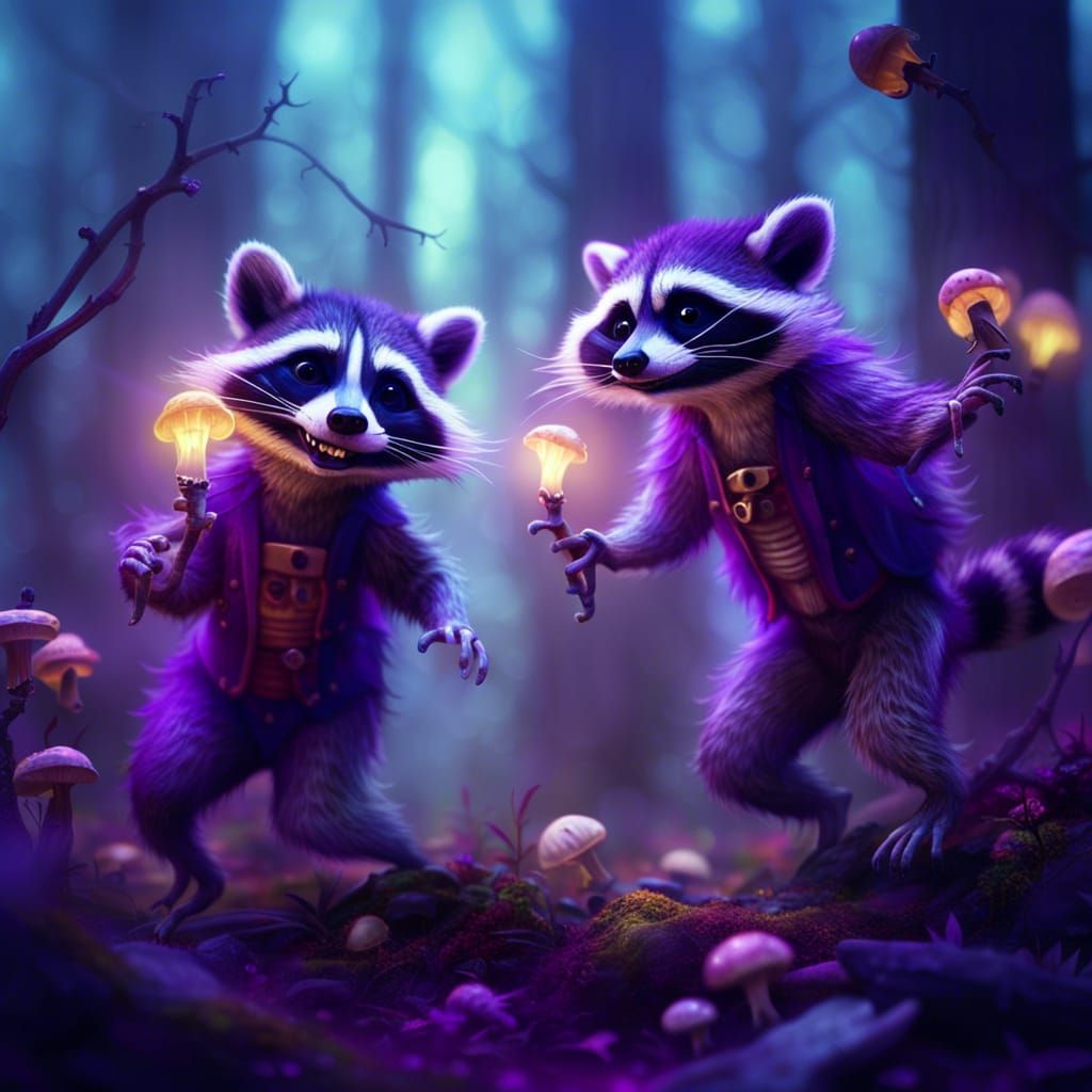 Raccoons Dancing with Skeletons in Misty Forest
