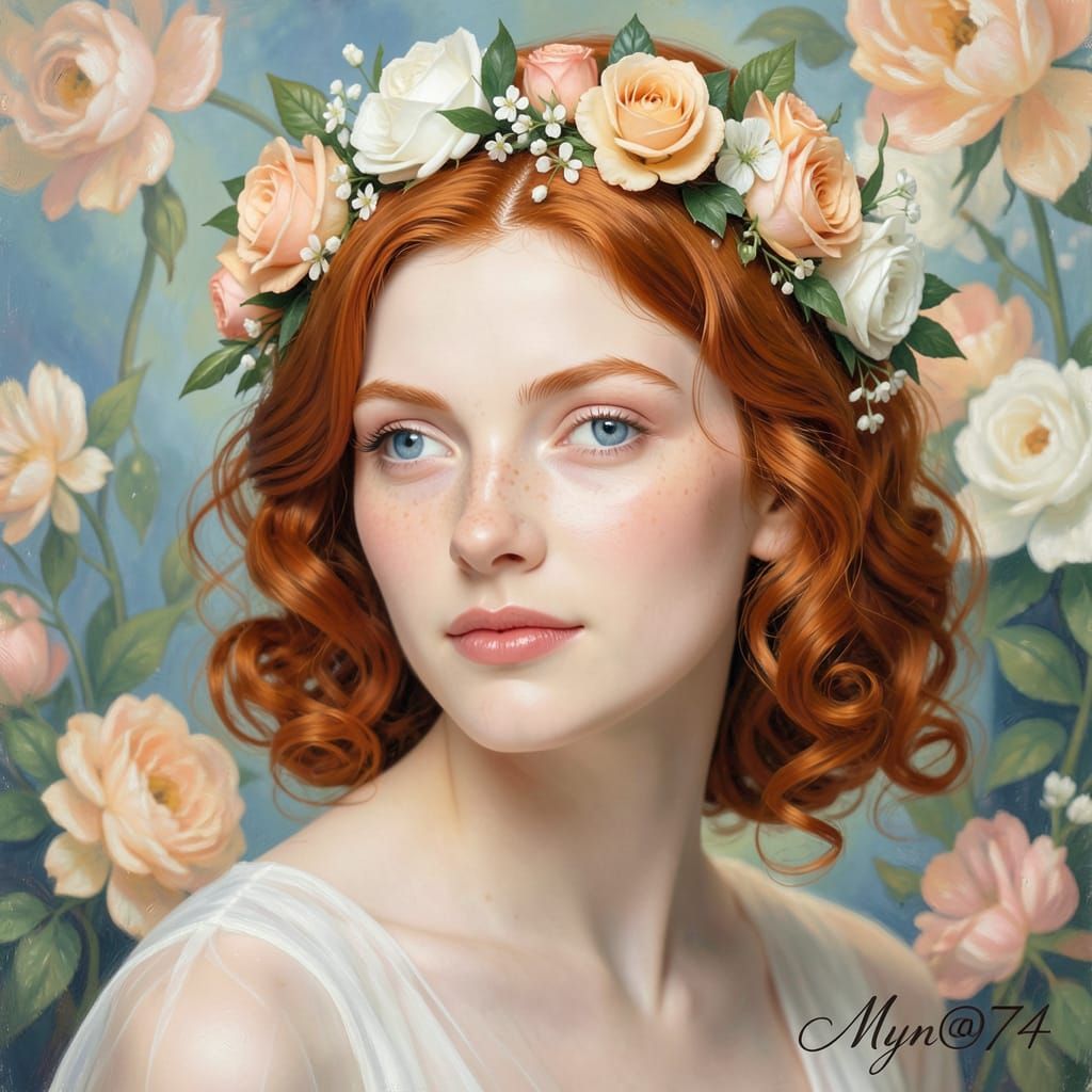 Young Woman with Red Hair and Floral Crown in Pre-Raphaelite...