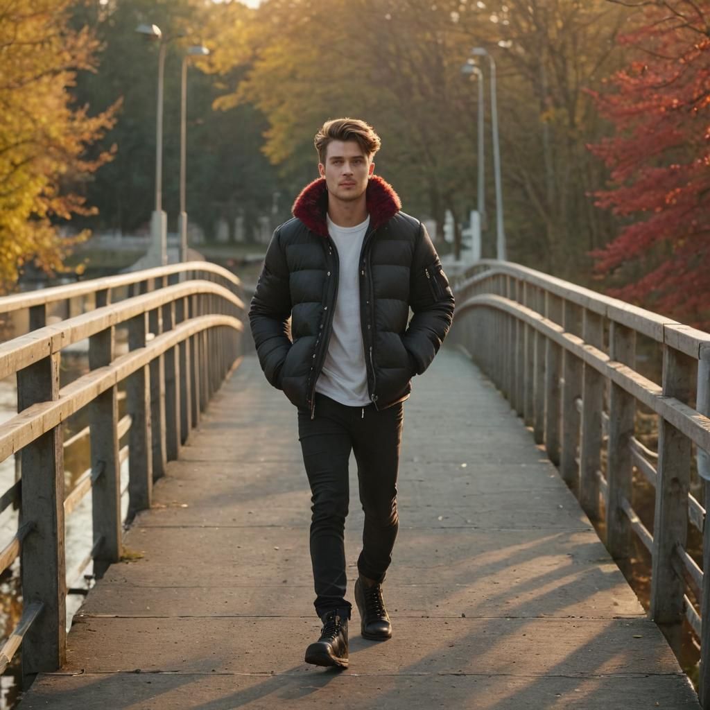 Confident Man on Bridge in Golden Hour Lighting