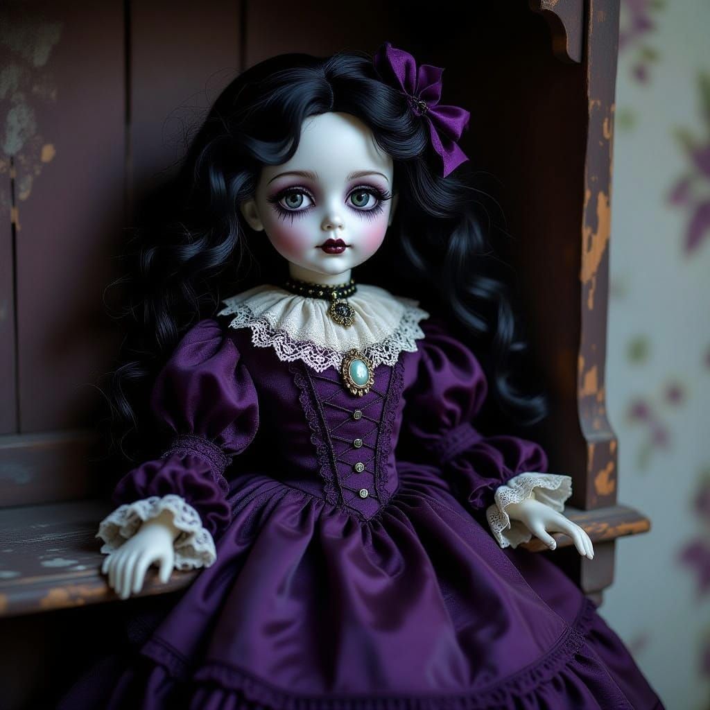 Creepy Gothic Doll in Tattered Purple Victorian Dress