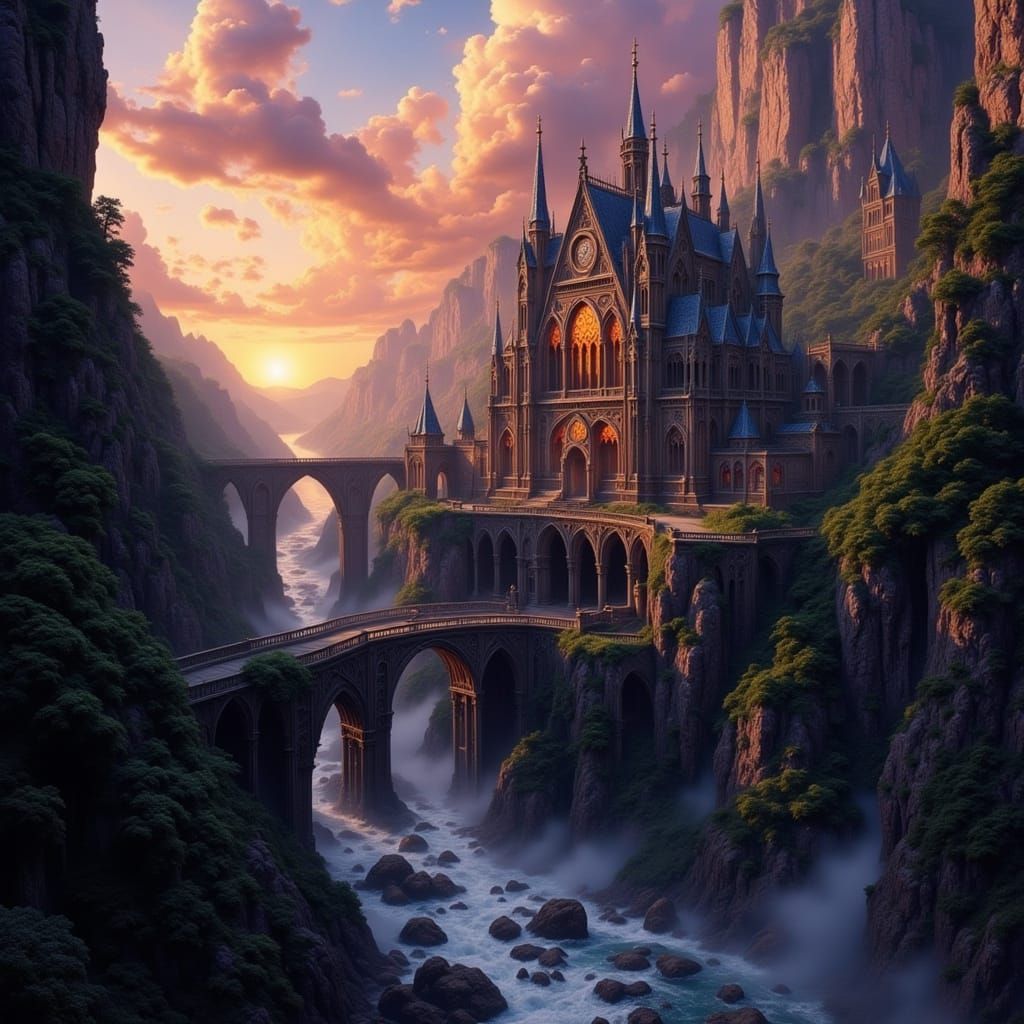 Gothic Basilica in Canyon at Sunset