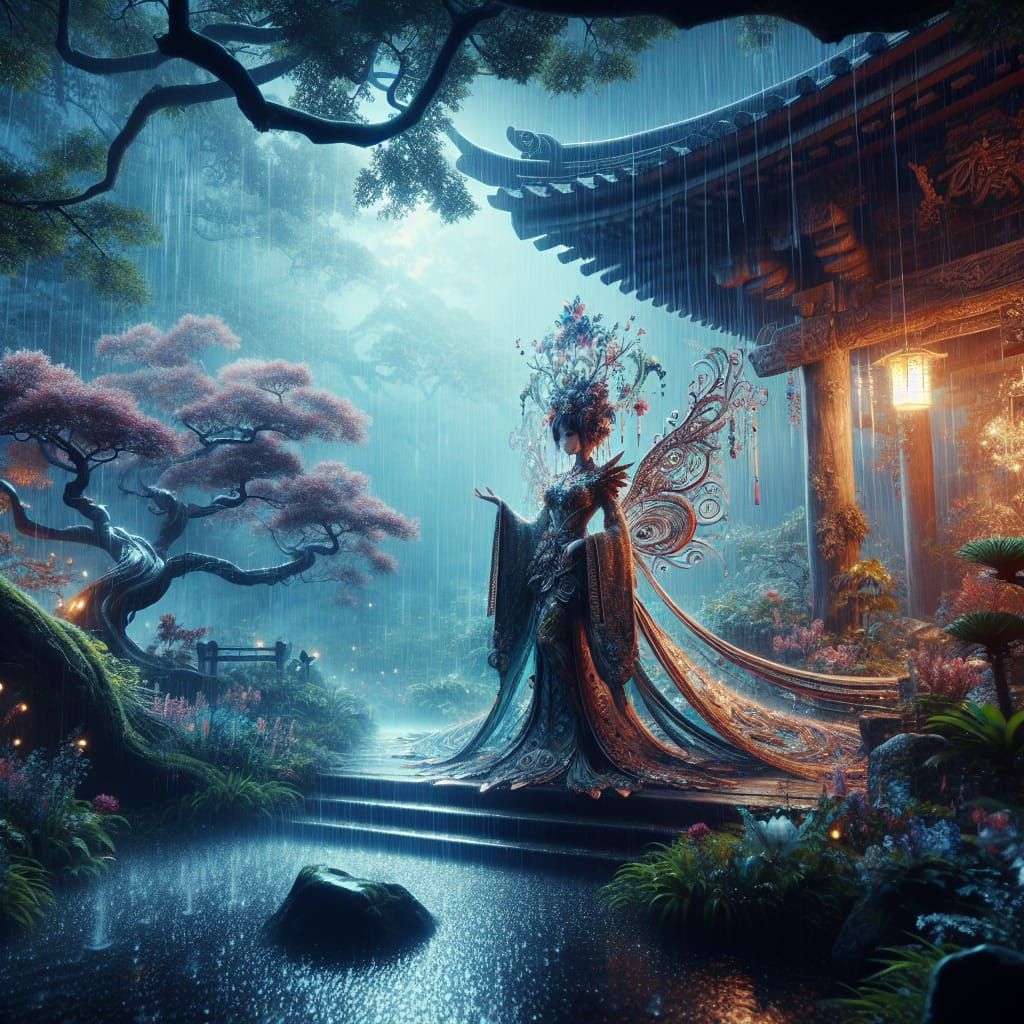 Mystical Rain Goddess in Japanese Garden