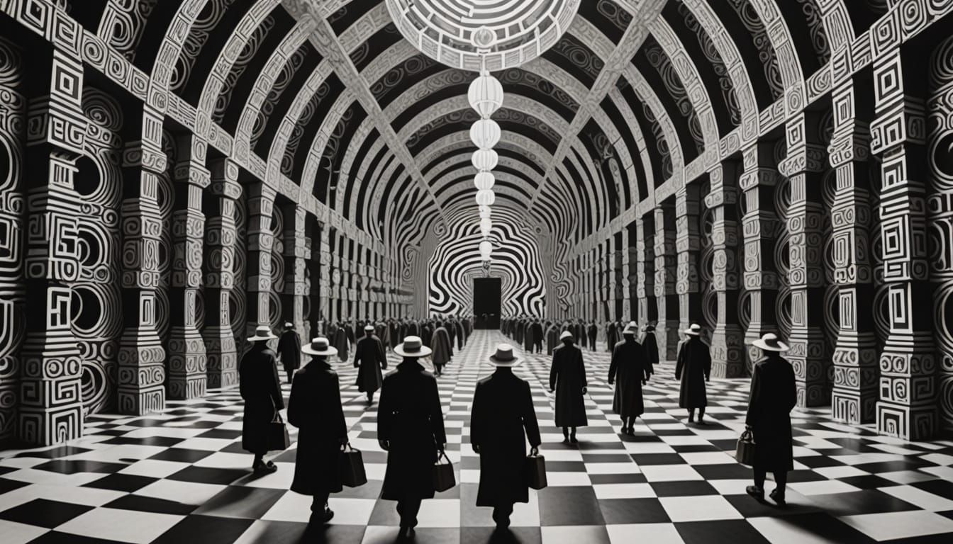 Surreal Op-Art Pilgrims Navigate Moiré Temples