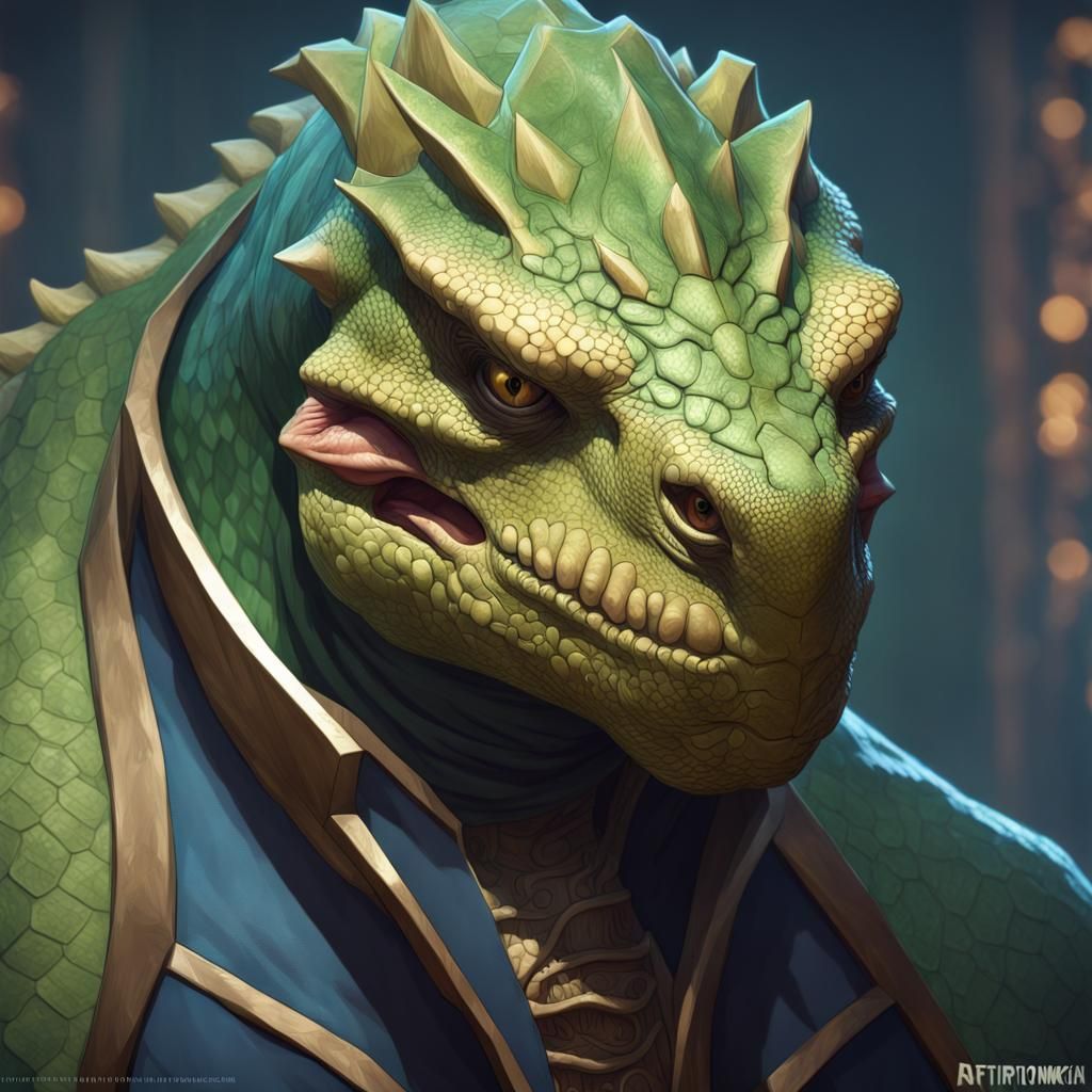 Reptilian Man Portrait with Lizard Tail, Detailed Digital Ar...