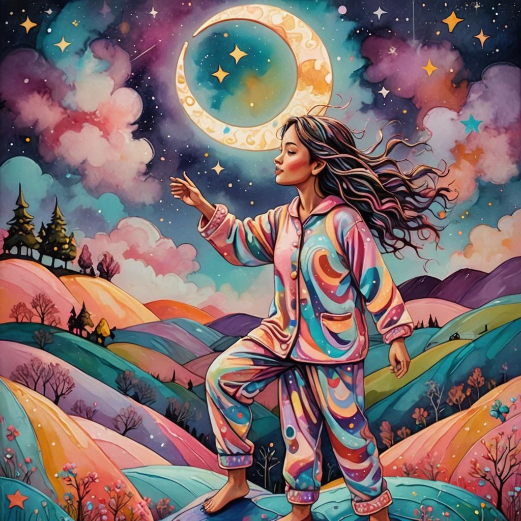 Whimsical Girl Touches Moon in Candy Art Style