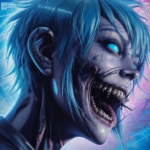 Cyberpunk Horror: Blue-Haired Monster in Manga Style