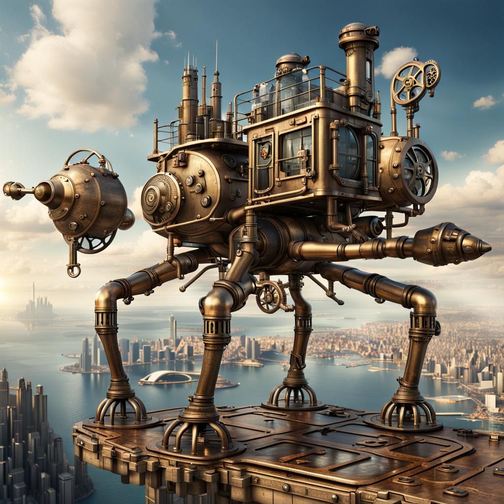 Steampunk City Walking Over Hilly Landscape