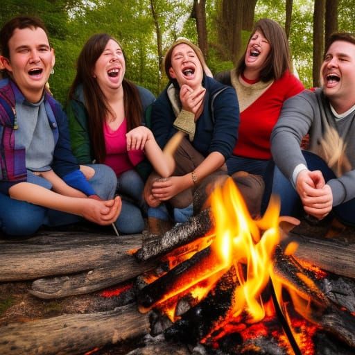 Teachers Laughing Around Fire in Hyperrealistic Style