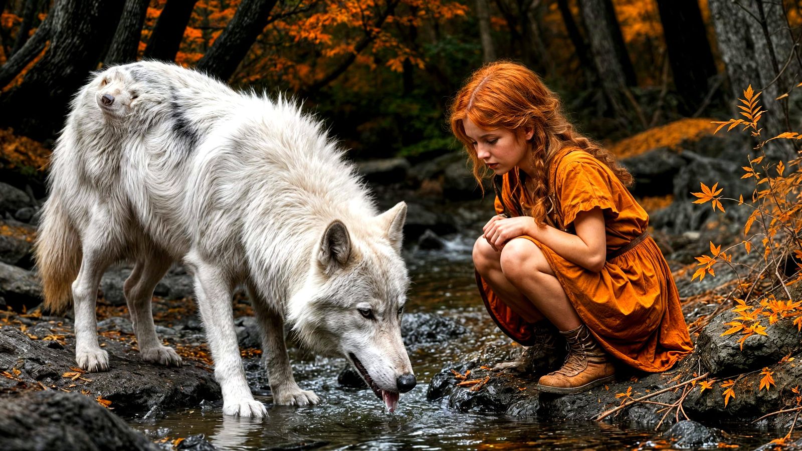 Little Girl and White Wolf in Surreal Monochrome