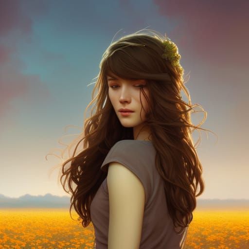 Girl in Flower Field, Art Nouveau Portrait