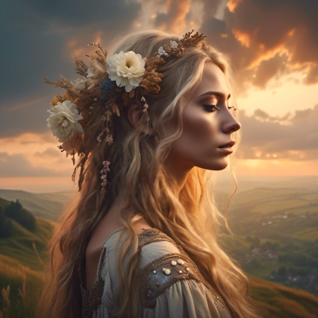 Dreamlike Blonde Woman at Sunrise with Flowers