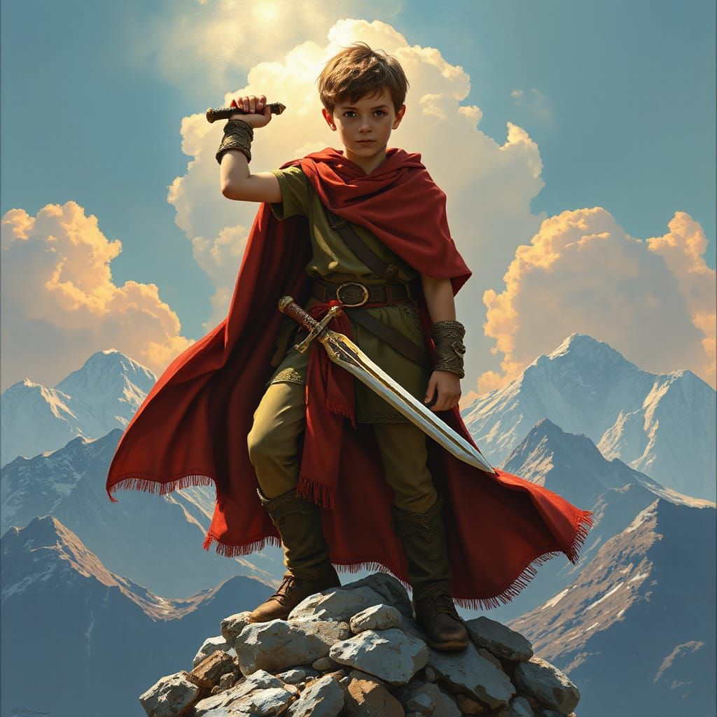 Heroic Boy on Mountain Peak, Vibrant Realism