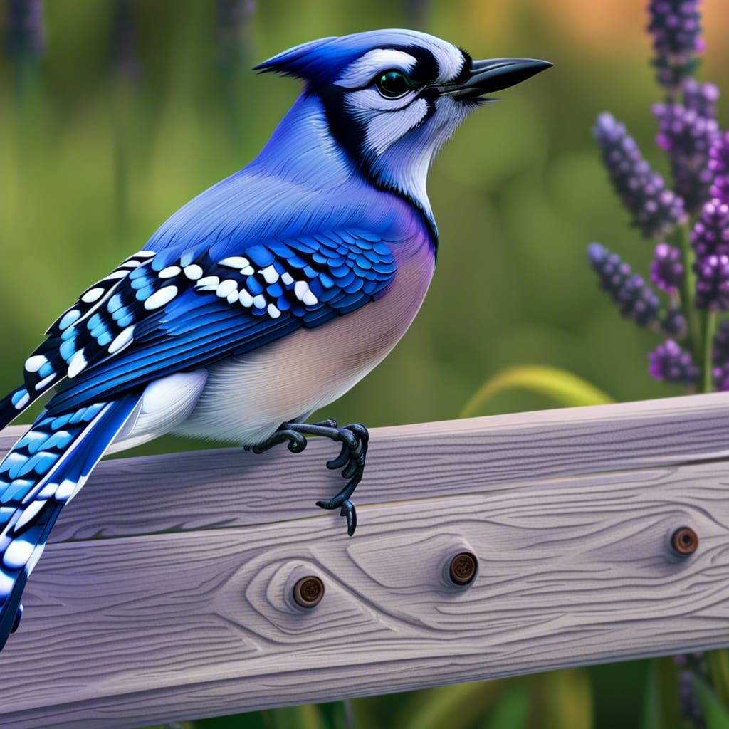 Bluejay on Fence with Lavender, Digital Art