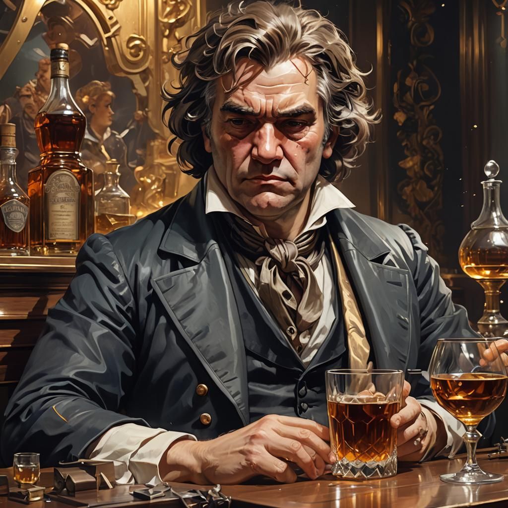 Beethoven Portrait with Whiskey, Artstation Splash Art