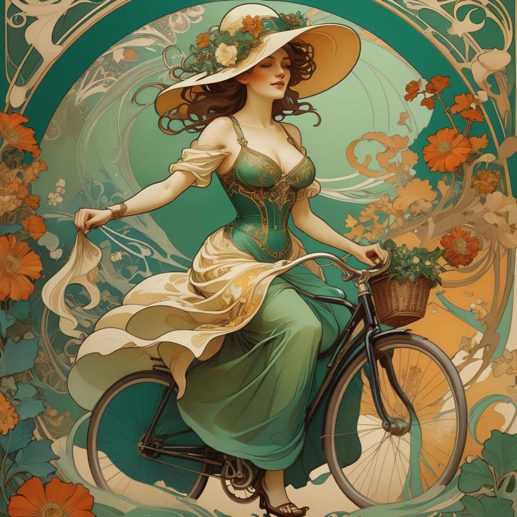 Art Nouveau Woman Rides Bicycle in Emerald and Gold