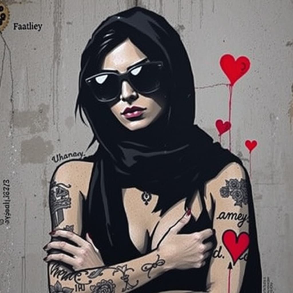 Urban Graffiti Art: Woman with Tattoos of Love Promises