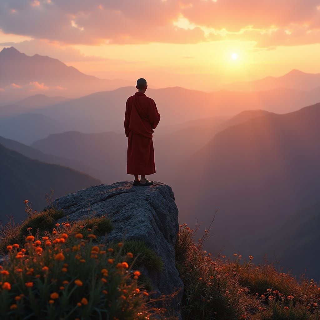 Monk Praying at Sunrise on Mountain Peak