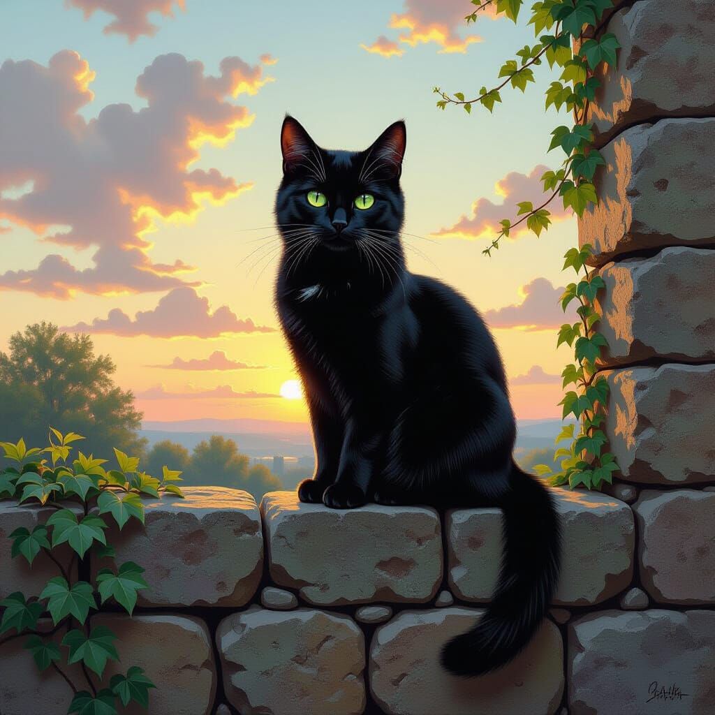Black Cat on Stone Wall in Oil Painting Style