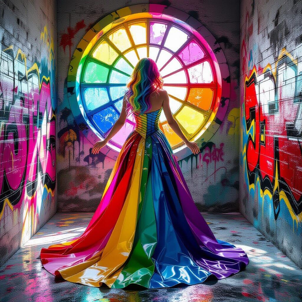 Rainbow Haired Woman in Stained Glass Gown