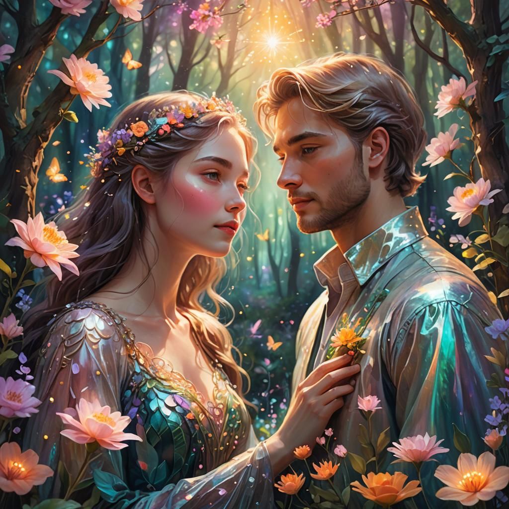 Dreamlike Forest Couple in Art Nouveau Style