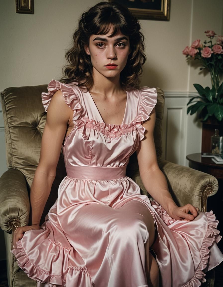 Masculine Figure in Frilly Nightgown: Cinematic Still
