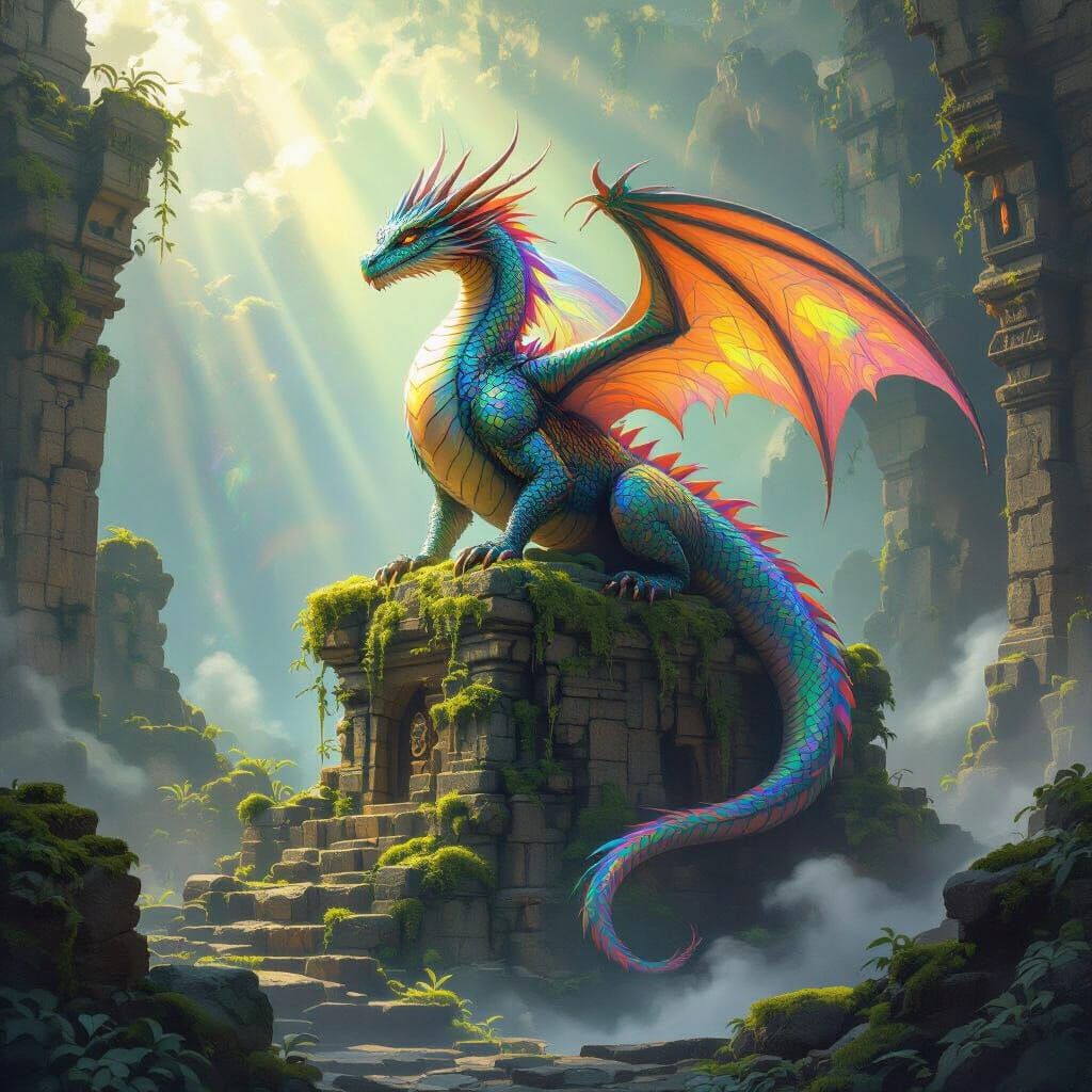 Rainbow Dragon on Ancient Ruins in Epic Fantasy Style