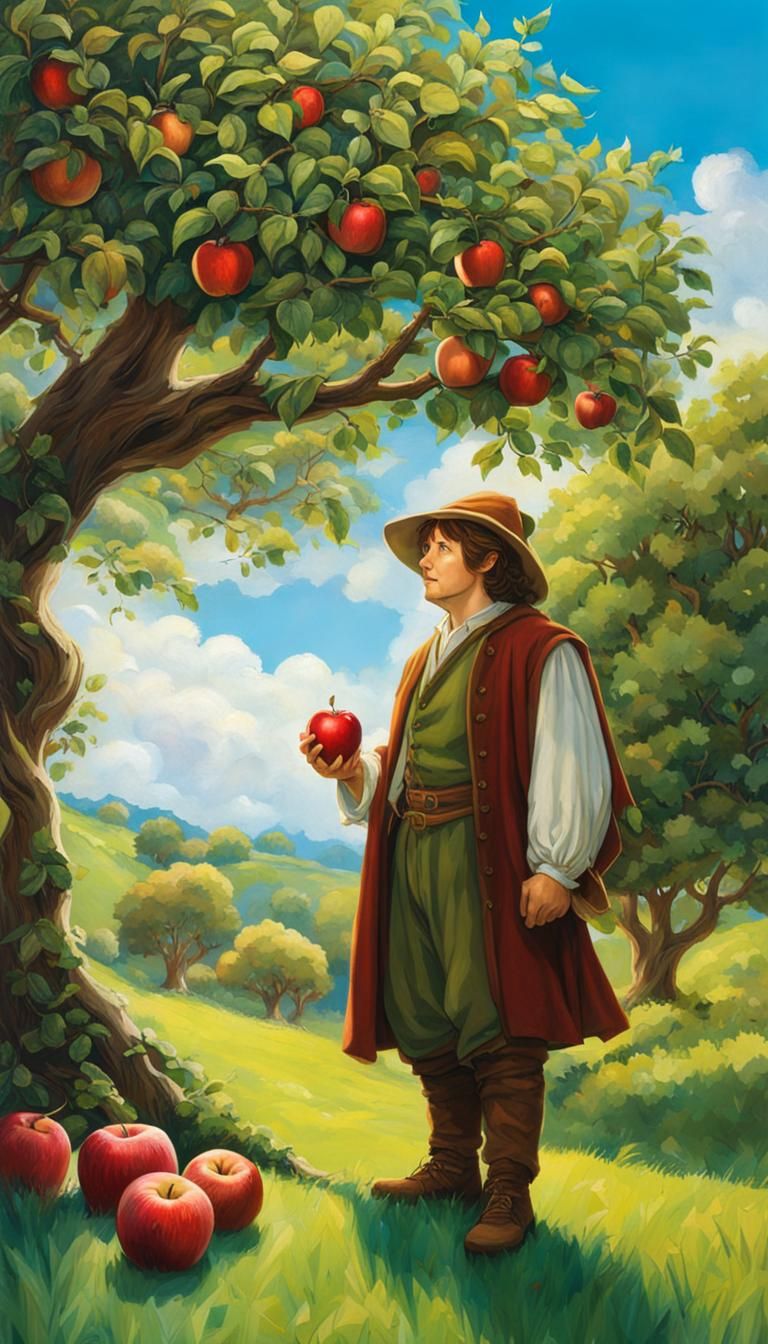 Hobbit Contemplates Apple Under Middle Earth Sky
