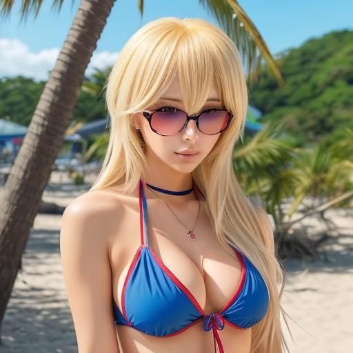 Blonde Woman on Beach in Anime Style