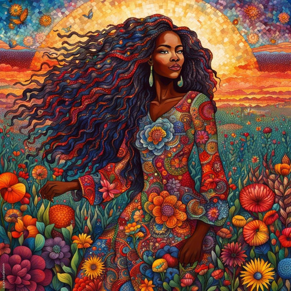 African Woman in Floral Field: Maximalist Mosaic