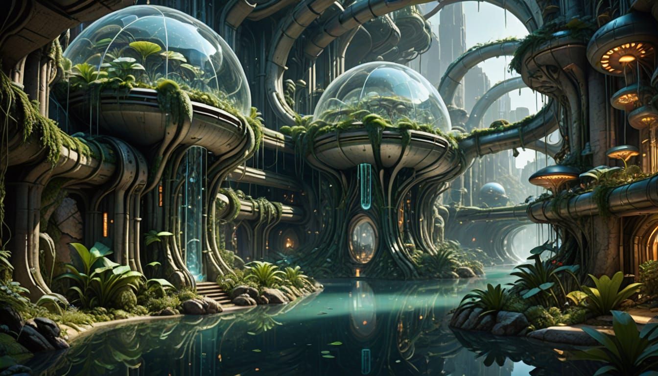 Futuristic Cityscape with Organic Architecture and Waterfall...