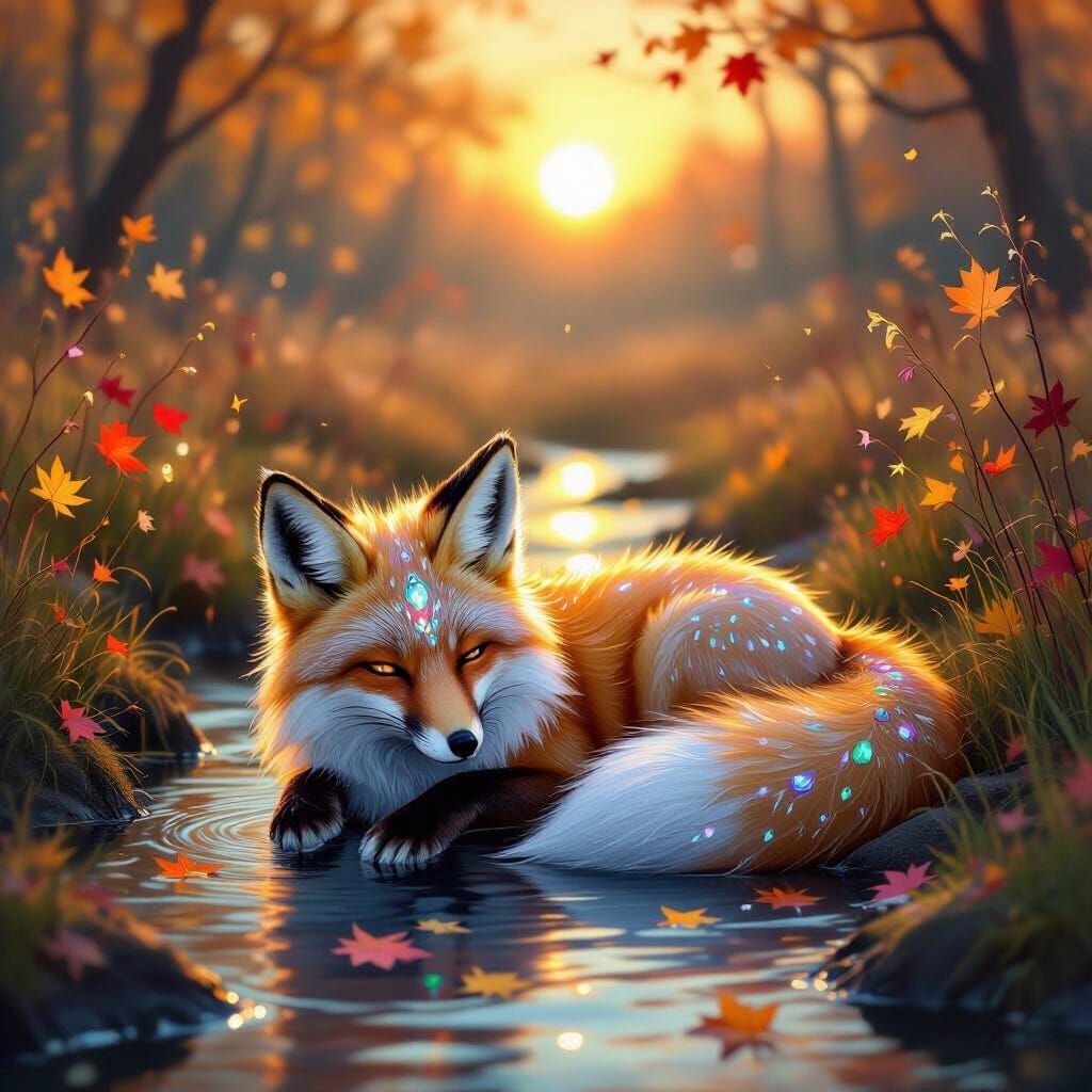 Crystal Fox Rests in Autumn Meadow at Sunset
