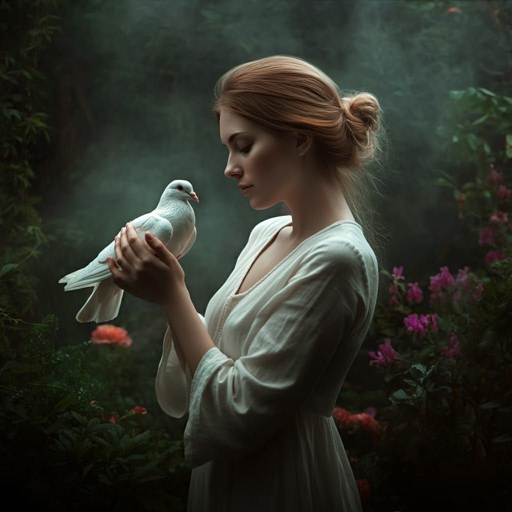 Serene Woman with Dove in Moonlit Garden
