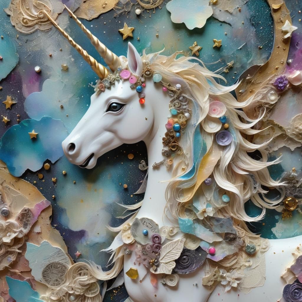 Ethereal Sky Unicorn in Mixed Media Collage