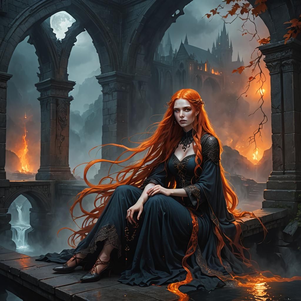 Ginger Haired Girl on Gothic Bridge in Dark Fantasy Style
