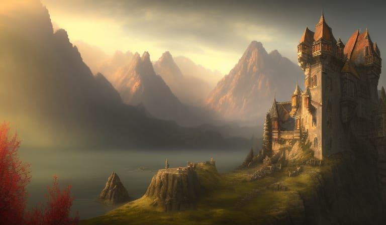 Fantastical Castle in the Mountains: Detailed Matte Painting