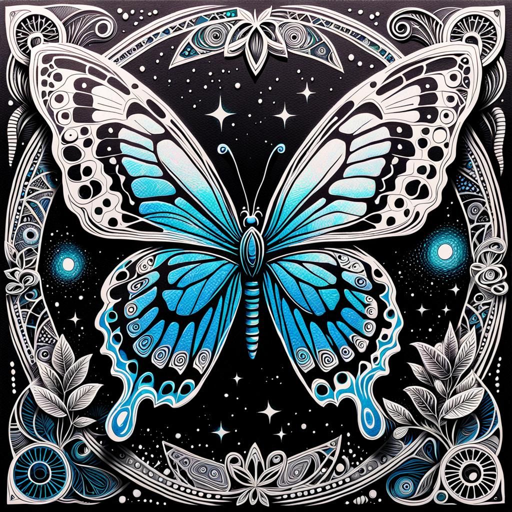 Butterfly Linocut Print in Cosmic Style