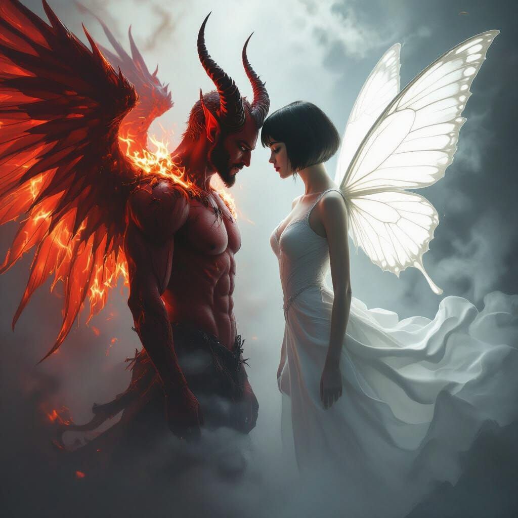Demonic Figure Faces Angelic Woman in Dark Fantasy Art
