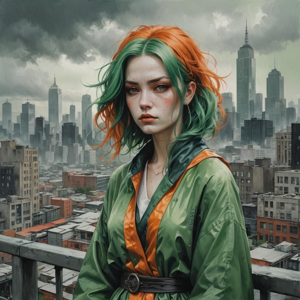 Green-Haired Woman in Gloomy City, Digital Painting