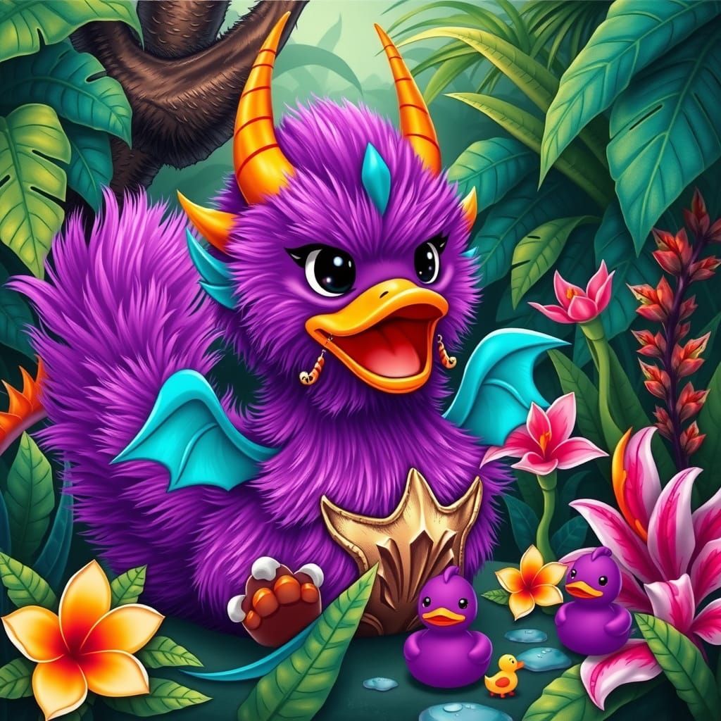 Vibrant Purple Rubber Duck Reigns Over Whimsical Jungle Scen...