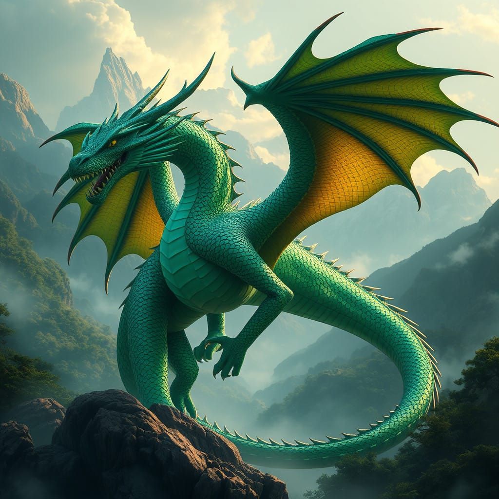 Majestic Emerald Dragon in a Fantastical Landscape