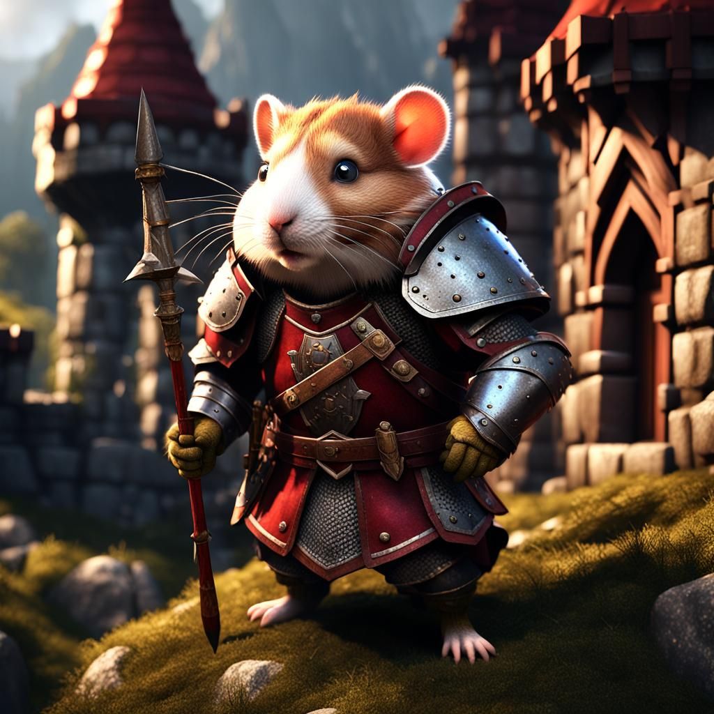 A anthropomorphic hamster wearing medieval infantry armor and carrying a spear while guarding the wall of an ancient ,mo...