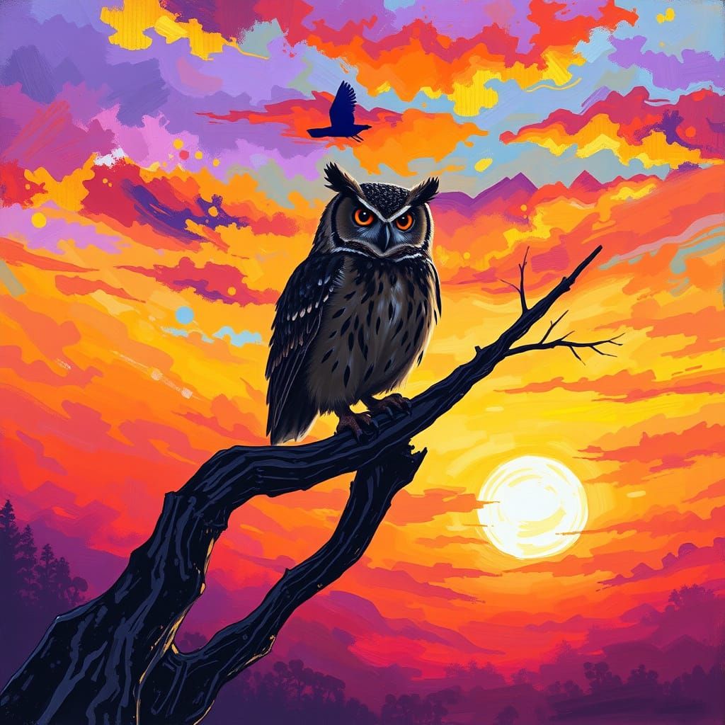 Expressive Sunset Forest Owl in a Dynamic, Impasto Style
