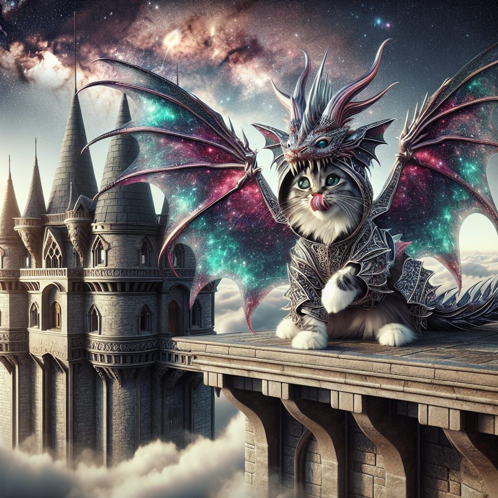 Cat in Dragon Costume on Castle Roof