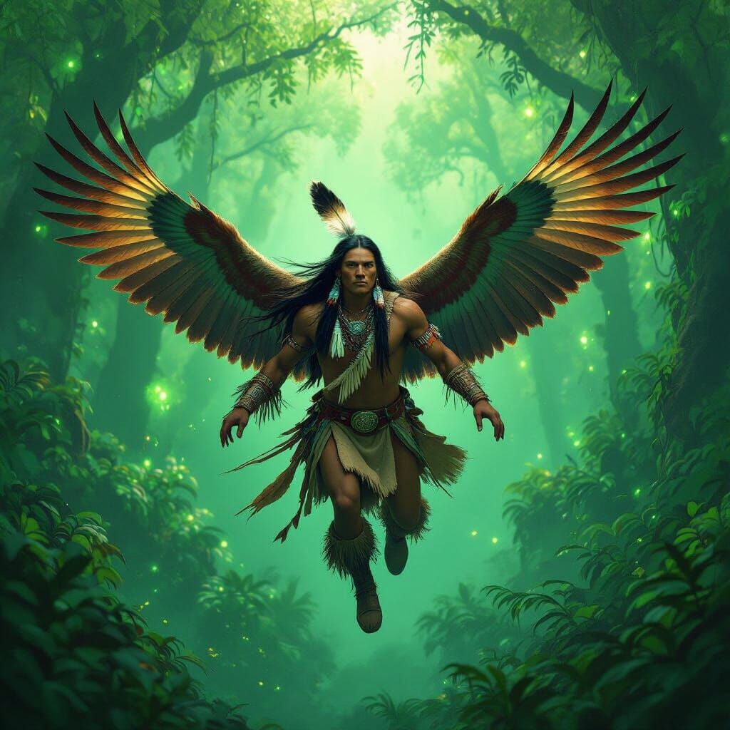 Native American Warrior with Eagle Wings in Emerald Forest