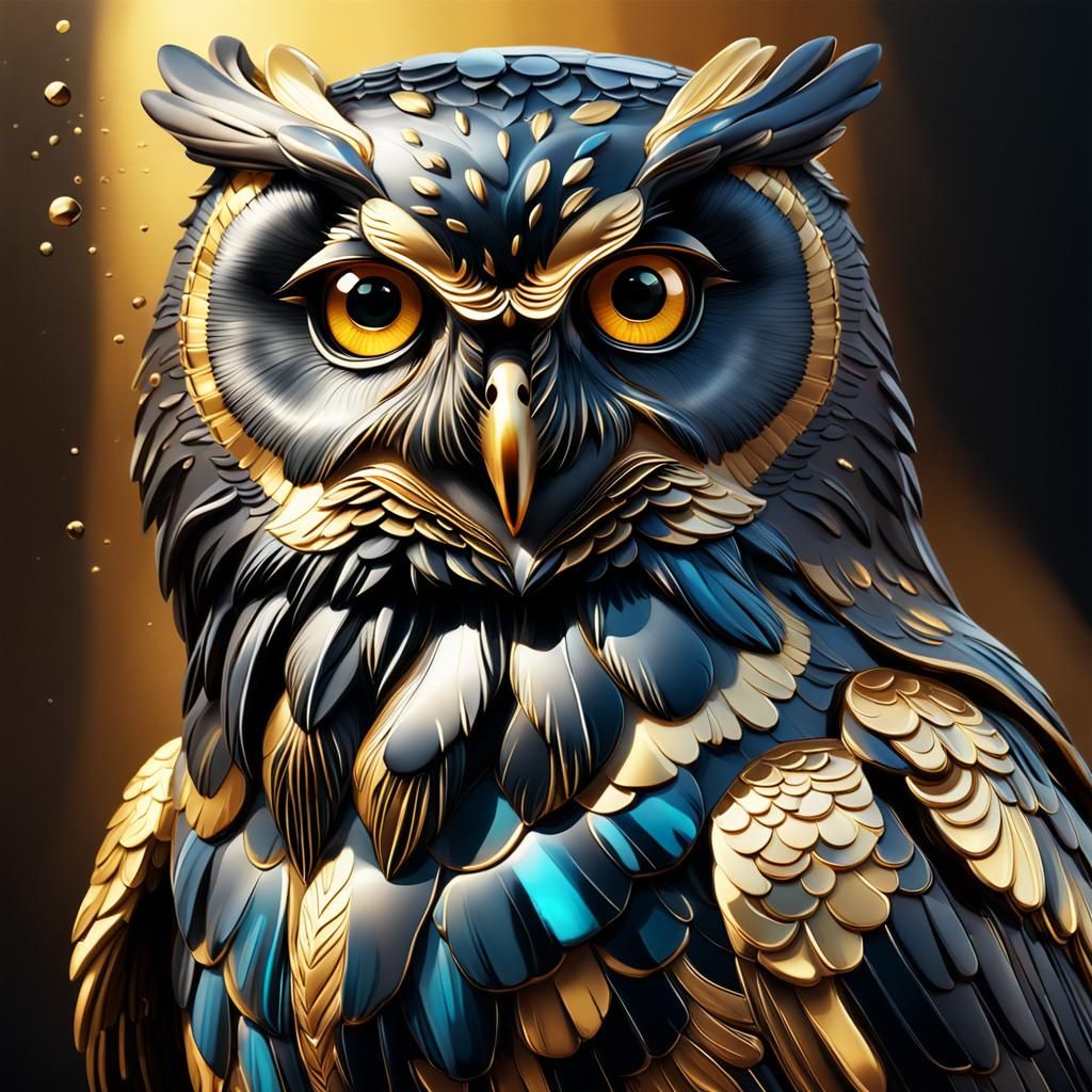 Golden Obsidian Owl in Hyperrealistic Splash Art